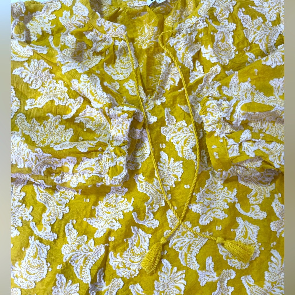 Lemon yellow Jacquard 3D white floral peasant tunic tassel v-neck 3/4 sleeve - Picture 9 of 11